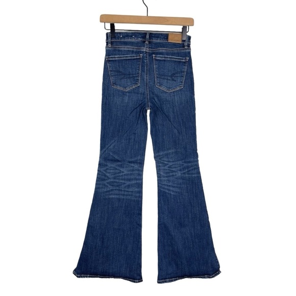 American Eagle Super Hi Rise Flare Jeans 0 SHORT Split Hem Stretch Denim Boho - Picture 5 of 9